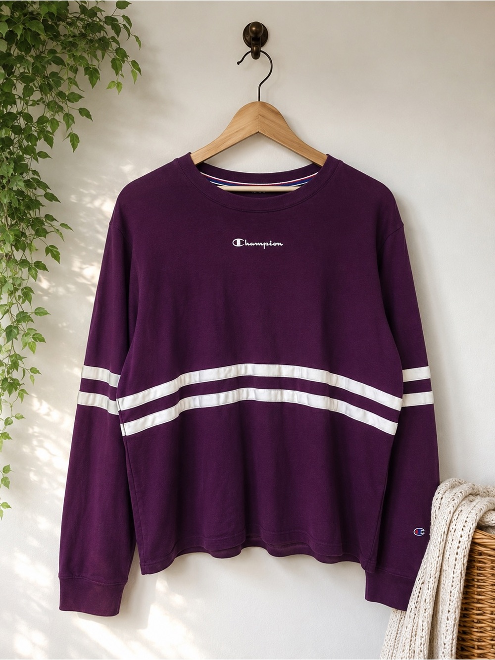 Champion Deep Purple + Magenta Long Sleeve Top | XL | Sporty Retro Stripes